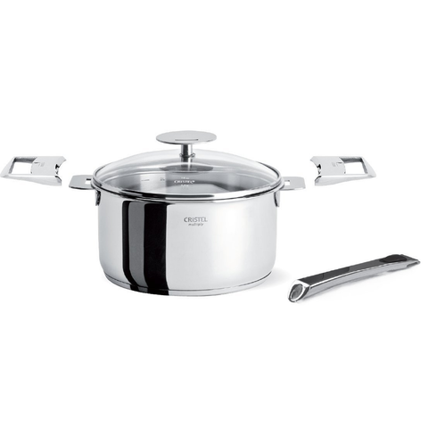Cristel Casteline Set with 1-Quart Saucepan With Domed Glass Lid, Long Handle and 2 Grips(5 Pcs) - Detachable Handlew