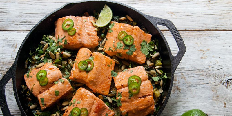 ONE SKILLET SALMON WITH CREAMY GREENS