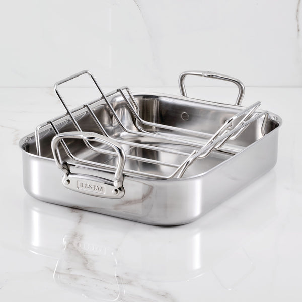 Hestan Provisions Roasters Classic Polished Clad Roaster W/Tension Rack, Small  (14.5"X12"X3") Holds 20Lbs