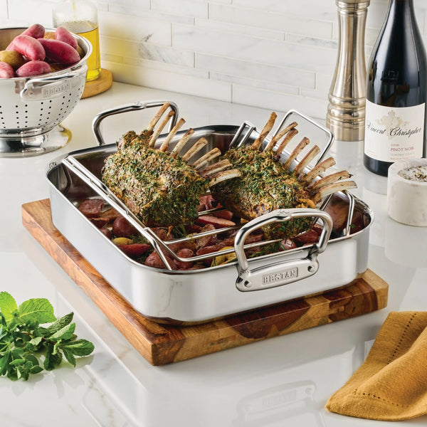 Hestan Provisions Roasters Classic Polished Clad Roaster W/Tension Rack, Small  (14.5"X12"X3") Holds 20Lbs