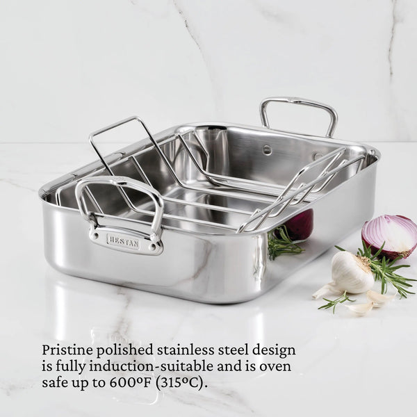 Hestan Provisions Roasters Classic Polished Clad Roaster W/Tension Rack, Small  (14.5"X12"X3") Holds 20Lbs