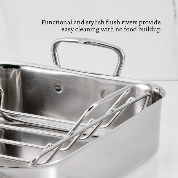 Hestan Provisions Roasters Classic Polished Clad Roaster W/Tension Rack, Small  (14.5"X12"X3") Holds 20Lbs