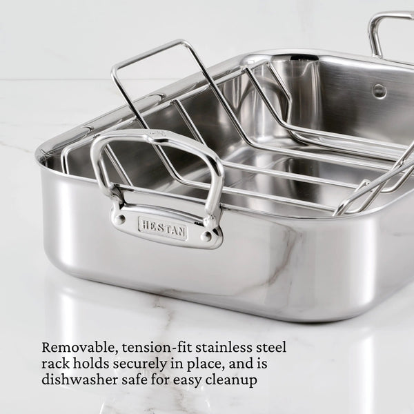 Hestan Provisions Roasters Classic Polished Clad Roaster W/Tension Rack, Small  (14.5"X12"X3") Holds 20Lbs