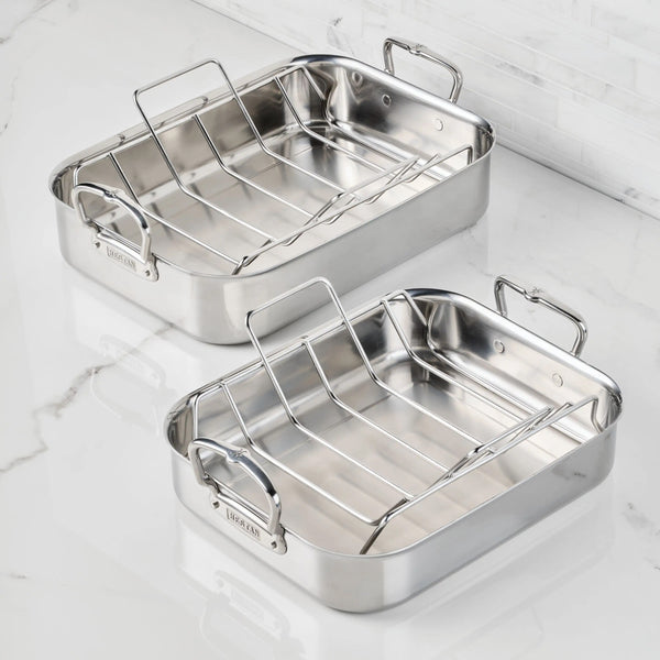Hestan Provisions Roasters Classic Polished Clad Roaster W/Tension Rack, Small  (14.5"X12"X3") Holds 20Lbs