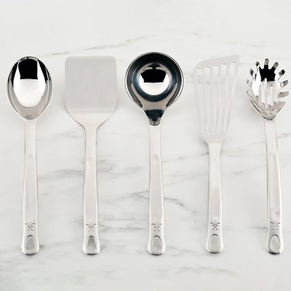 Hestan Provisions Stainless Steel 5Pc Essential Tool SetStainless Steel Solid Spoon, Ladle, Pasta Fork, Turner/Spatula, Fish Spatula