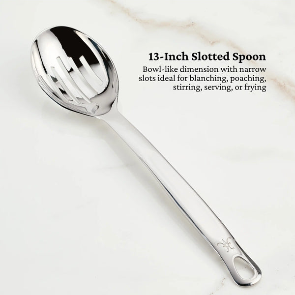 Hestan  Provisions Stainless Steel 8Pc Ultimate Tool Set
Porcelain Bain Marie, Stainless Steel Solid Spoon, Slotted Spoon, Ladle, Turner/Spatula, Pasta Fork, Fish Spatula, 12" French Whisk