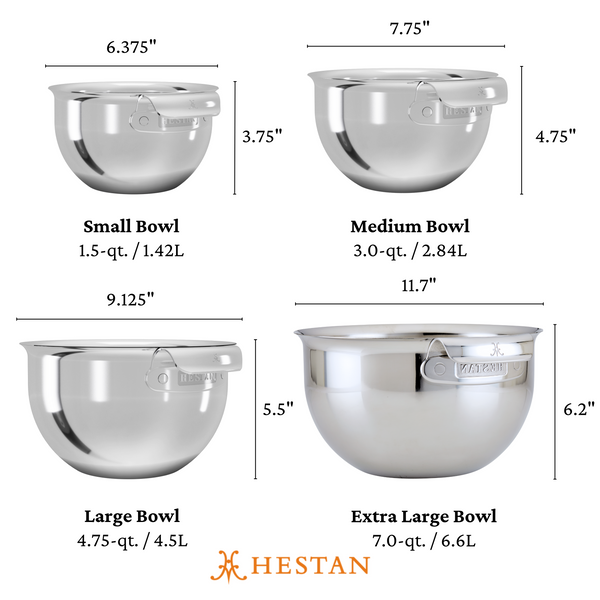 Hestan  Provisions Prep 4Pc Stainless Steel Mixing Bowl Set
Includes: 1/Each Size 1.5Qt, 3.0Qt, 4.75Qt, And 7.0Qt