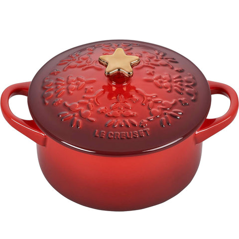 Le Creuset 24 oz. Noel Collection: Mini Cocotte - Embossed Tree w/ Gold Star Knob - Cerise