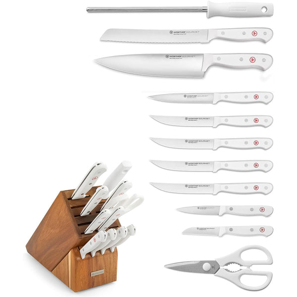 WUSTHOF GOURMET WHITE TWELVE PIECE KNIFE BLOCK SET, ACACIA