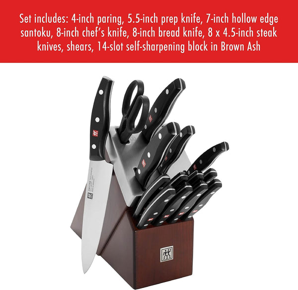Zwilling Twin Signature 15Pc Self-Sharpening Set W/ Brown Ash Wood Block
