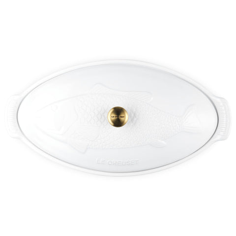 Le Creuset 1.7 qt. Fish Baker w/ Gold Knob - White