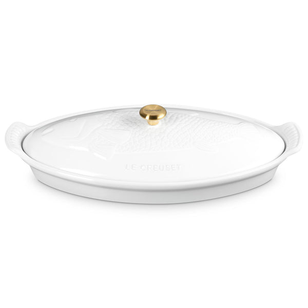 Le Creuset 1.7 qt. Fish Baker w/ Gold Knob - White