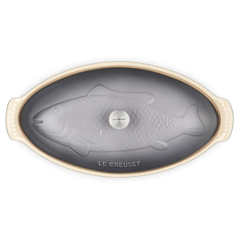 Le Creuset 1.7 qt. Fish Baker w/ Gold Knob - Oyster