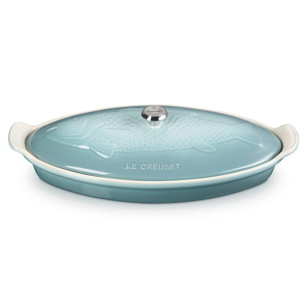 Le Creuset 1.7 qt. Fish Baker w/ Gold Knob - Sea Salt