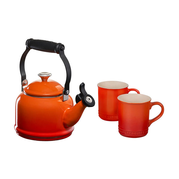 Le Creuset Demi Kettle w/ SS Knob & 2 Mug Set - Flame