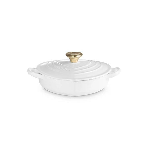 Le Creuset 1.25 qt. Shallow Heart Cocotte with Light Gold Heart Knob - White