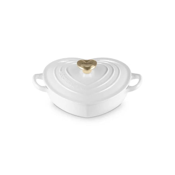 Le Creuset 1.25 qt. Shallow Heart Cocotte with Light Gold Heart Knob - White