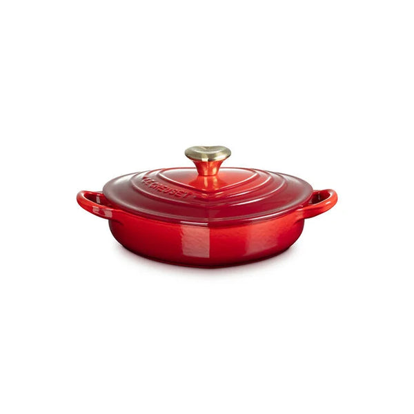 Le Creuset 1.25 qt. Shallow Heart Cocotte with Light Gold Heart Knob - Cerise