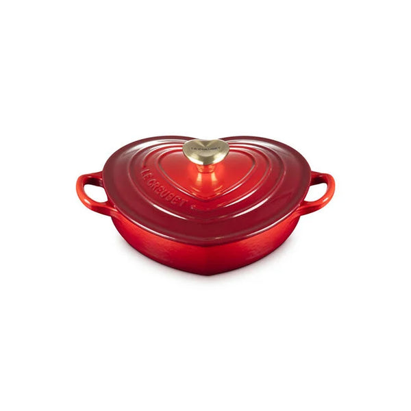 Le Creuset 1.25 qt. Shallow Heart Cocotte with Light Gold Heart Knob - Cerise