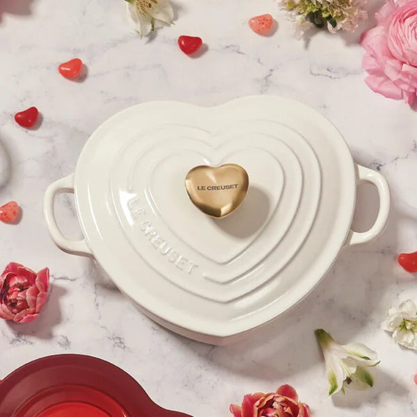 Le Creuset 1.25 qt. Shallow Heart Cocotte with Light Gold Heart Knob - White