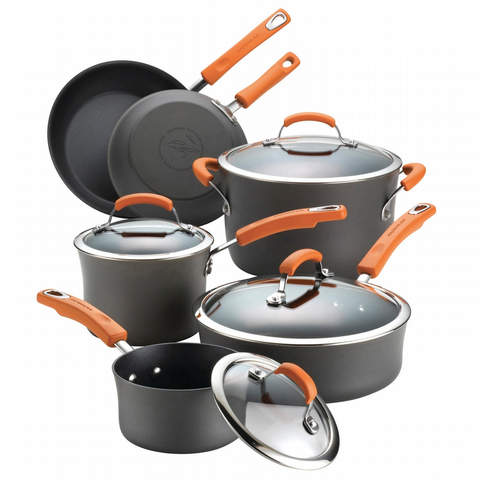 RACHAEL RAY HARD-ANODIZED II 10-PIECE COOKWARE SET, GRAY WITH ORANGE HANDLES