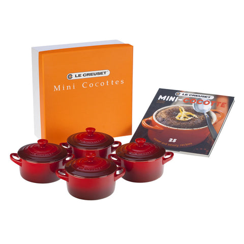 Le Creuset 8 oz. Set of 4 Cocottes w/ Mini-Cocotte Cookbook: Cerise