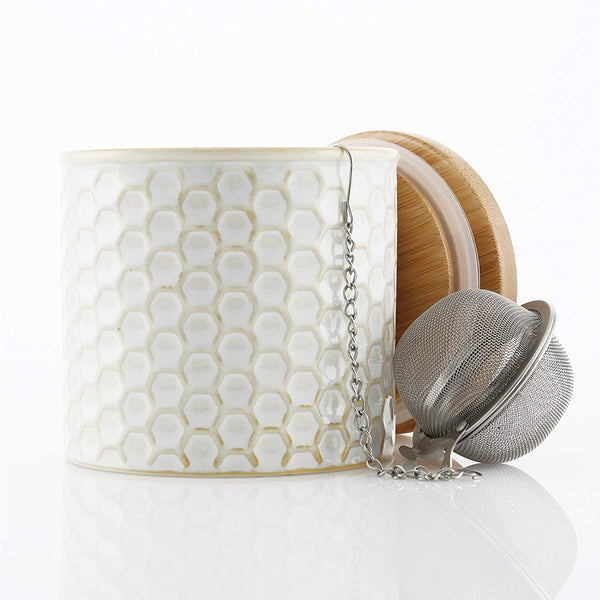 Chantal Honeycomb Tea Caddy w/ Bamboo Lid & Stainless Steel Tea Ball Infuser - White