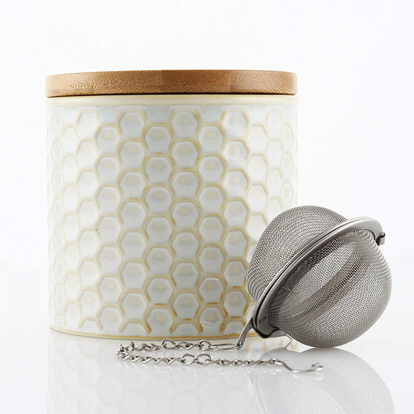 Chantal Honeycomb Tea Caddy w/ Bamboo Lid & Stainless Steel Tea Ball Infuser - White