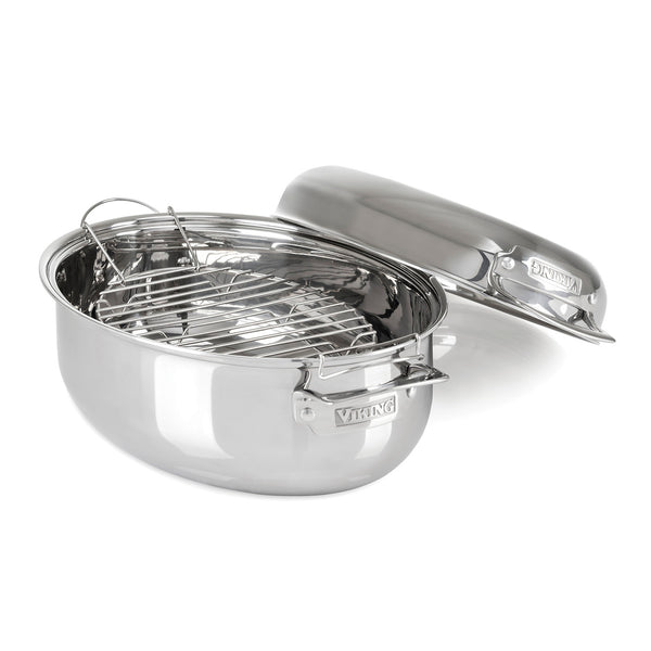 Viking 3-Ply Stainless Steel Oval Roaster With Metal Induction Lid And Rack, 8.5 Quart