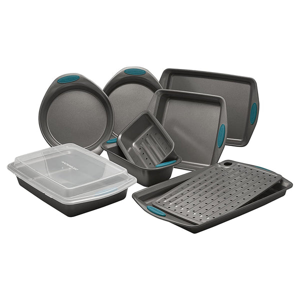 Rachael Ray Nonstick Bakeware Set with Grips includes Nonstick Bread Pan, Baking Pans, Cookie Sheet, Baking Sheet and Cake Pans - 10 Piece, Gray with marine blue grips