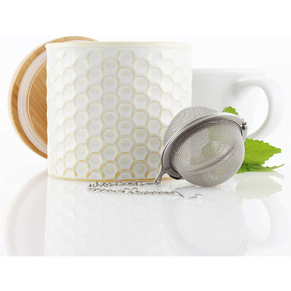 Chantal Honeycomb Tea Caddy w/ Bamboo Lid & Stainless Steel Tea Ball Infuser - White