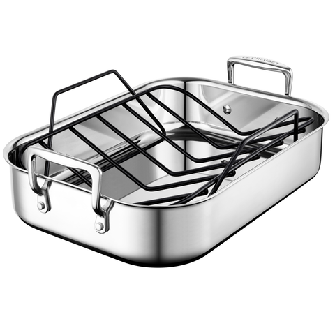 LE CREUSET STAINLESS STEEL ROASTING PAN WITH NONSTICK RACK