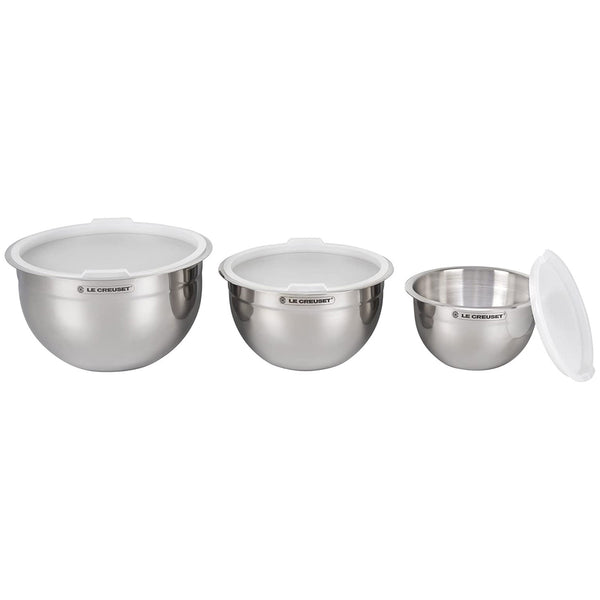 Le Creuset Set of 3 Nested Mixing Bowls w/ Nonslip Silicone Base & Plastic Air Tight Lids