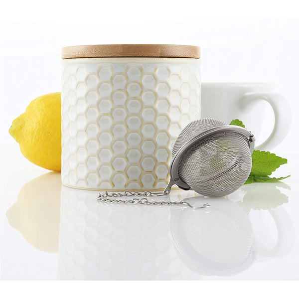 Chantal Honeycomb Tea Caddy w/ Bamboo Lid & Stainless Steel Tea Ball Infuser - White