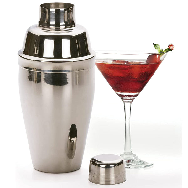 RSVP International Stainless Steel Cocktail Shaker, 18 Ounce | Shake Margaritas, Cosmos, Manhattans, Martinis & More | Modern Design with Large Straining Holes | Dishwasher Safe