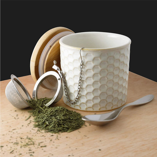 Chantal Honeycomb Tea Caddy w/ Bamboo Lid & Stainless Steel Tea Ball Infuser - White