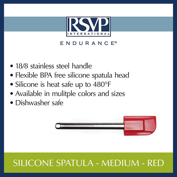 RSVP International Endurance Kitchen Tool Collection Silicone Spatula, Stainless Steel Handle, 10x2", Red