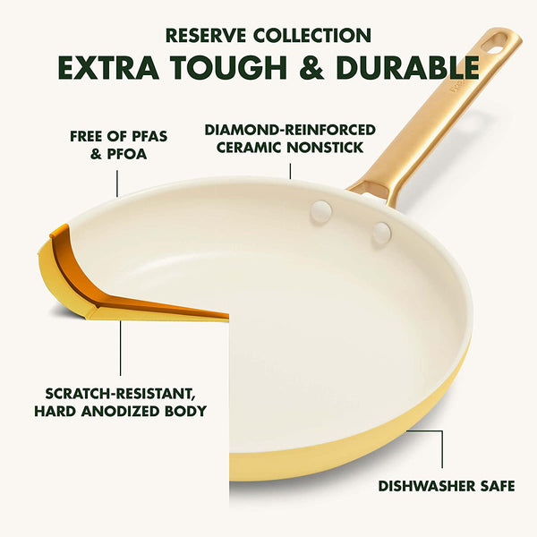 GreenPan Reserve 12" Frying Pan Skillet with Helper Handle and Lid, Gold Handle, Sunrise Yellow