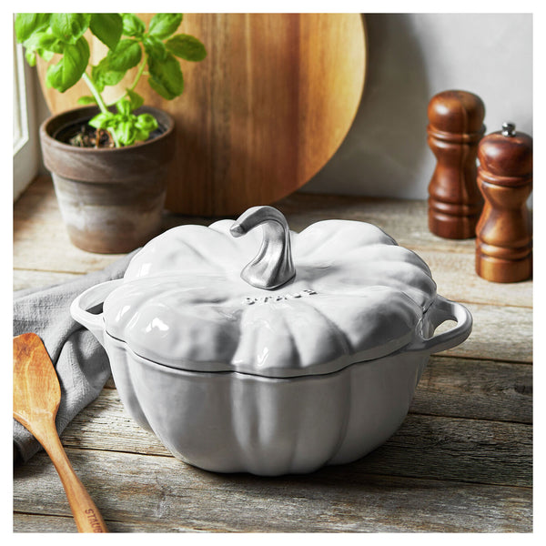 Staub Cast Iron - Specialty Shaped Cocottes 3.5-Qt Pumpkin Cocotte - White W/ Stainless Knob