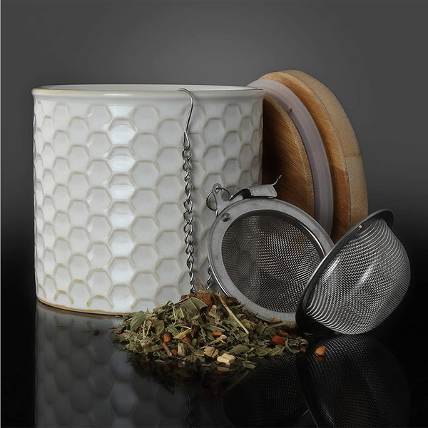 Chantal Honeycomb Tea Caddy w/ Bamboo Lid & Stainless Steel Tea Ball Infuser - White
