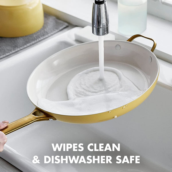 GreenPan Reserve 12" Frying Pan Skillet with Helper Handle and Lid, Gold Handle, Sunrise Yellow