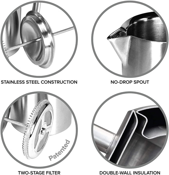 Frieling Double-Walled Stainless-Steel French Press Coffee Maker, Brushed, 17 Ounces