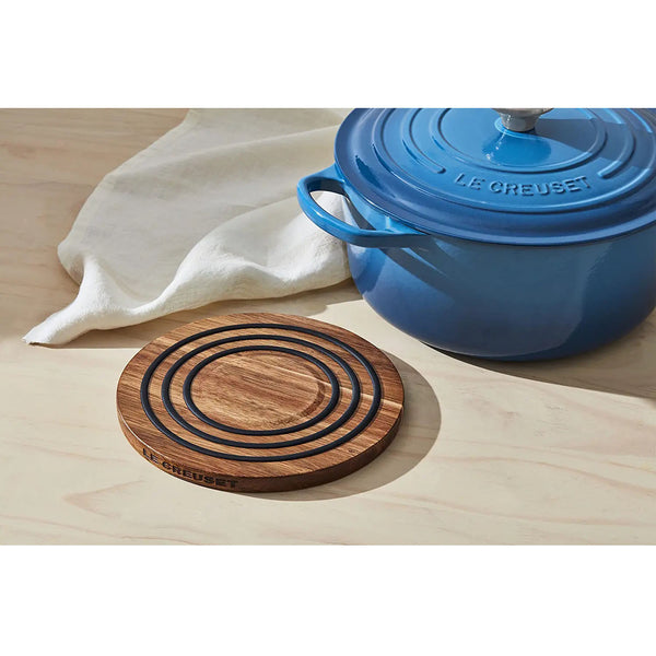 Le Creuset 8" Magnetic Wooden Trivet - Acacia Wood with Black Silicone Rings