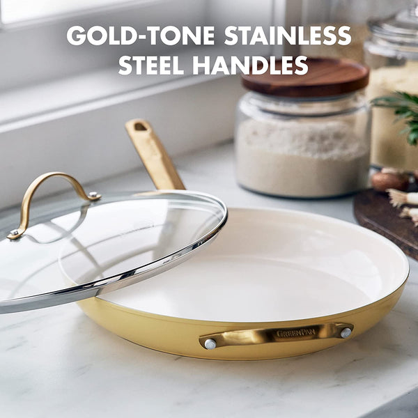 GreenPan Reserve 12" Frying Pan Skillet with Helper Handle and Lid, Gold Handle, Sunrise Yellow