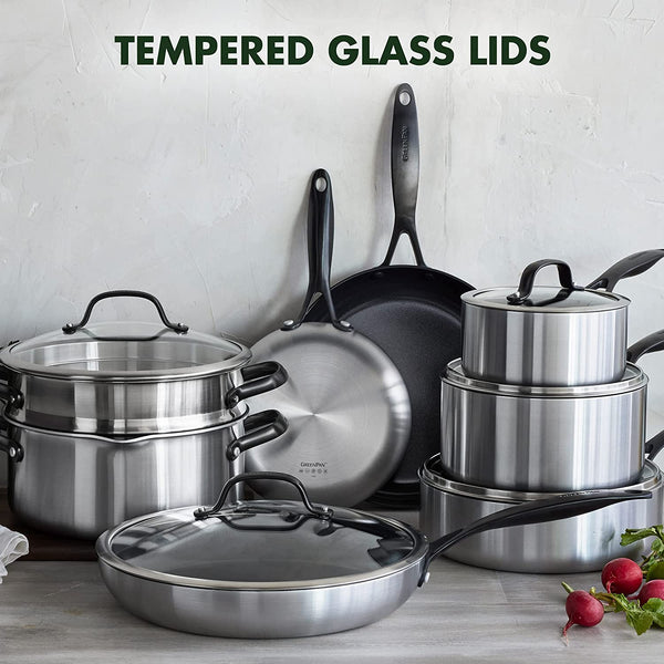 GreenPan Venice Pro Noir 13 Piece Cookware Pots and Pans Set, Matte Black Handle, Silver