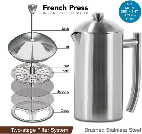 Frieling Double-Walled Stainless-Steel French Press Coffee Maker, Brushed, 17 Ounces