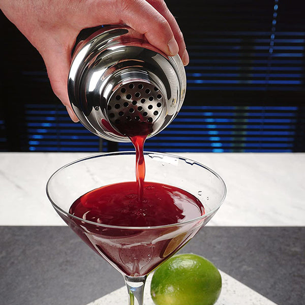 RSVP International Stainless Steel Cocktail Shaker, 18 Ounce | Shake Margaritas, Cosmos, Manhattans, Martinis & More | Modern Design with Large Straining Holes | Dishwasher Safe