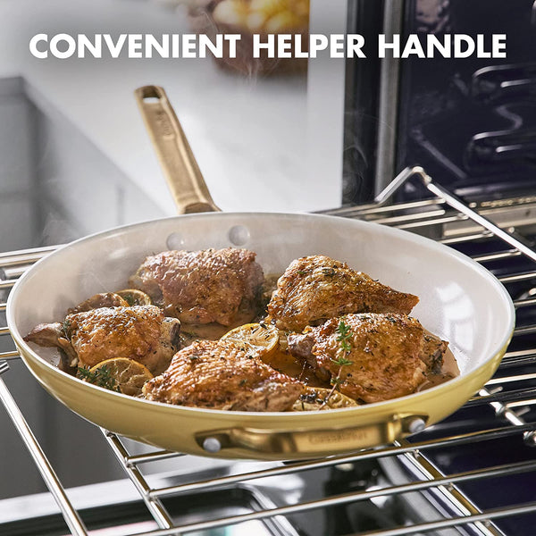 GreenPan Reserve 12" Frying Pan Skillet with Helper Handle and Lid, Gold Handle, Sunrise Yellow