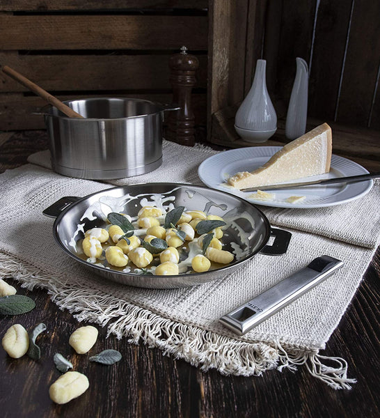 Cristel Strate 4 Piece Frying pan Set with 9.5" non-stick frying pan, 11" frying pan + lid and long handle, Brushed Finish